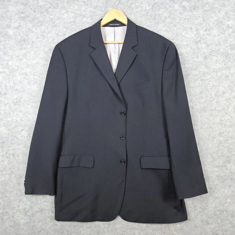 Michael Kors Men's Blazer Navy Blue Pinstriped Size 46L 100% Wool 3-Button Front